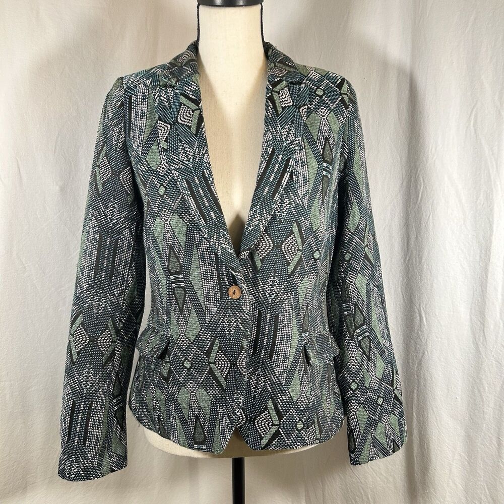 Acoté Anthropologie French Fabric Jacquard Blue Green Artsy Blazer Size 1 - XS-S
